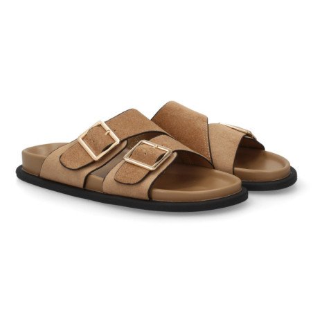 Sandalias planas pala cruzada hebillas de mujer color kaki OH-571