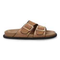 Sandalias planas pala cruzada hebillas de mujer color kaki OH-571