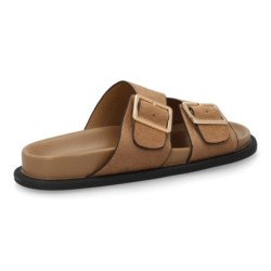 Sandalias planas pala cruzada hebillas de mujer color kaki OH-571
