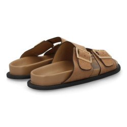 Sandalias planas pala cruzada hebillas de mujer color kaki OH-571