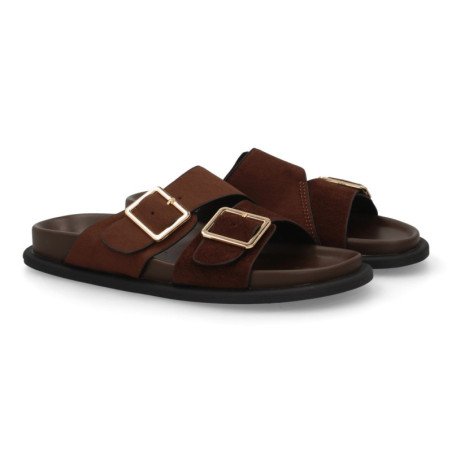 Sandalias planas pala cruzada hebillas de mujer color marron OH-571
