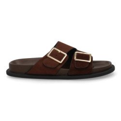 Sandalias planas pala cruzada hebillas de mujer color marron OH-571