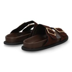 Sandalias planas pala cruzada hebillas de mujer color marron OH-571