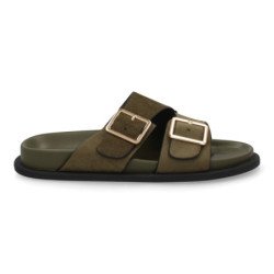Sandalias planas pala cruzada hebillas de mujer color verde OH-571