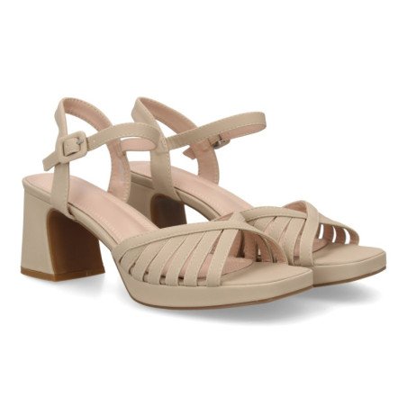 Sandalias tacón ancho fiesta de mujer pala trenzada color beige W18-200