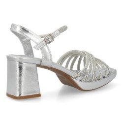 Sandalias plateadas tacón ancho fiesta de mujer pala trenzada W18-201