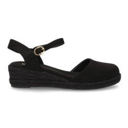 Sandalias de cuña baja en yute hebilla de mujer color negro CF-5618