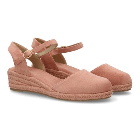 Sandalias de cuña baja en yute hebilla de mujer color rosa CF-5618