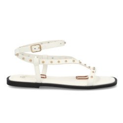 Sandalias planas comodas tiras con tachuelas de mujer color blanco HG-5806