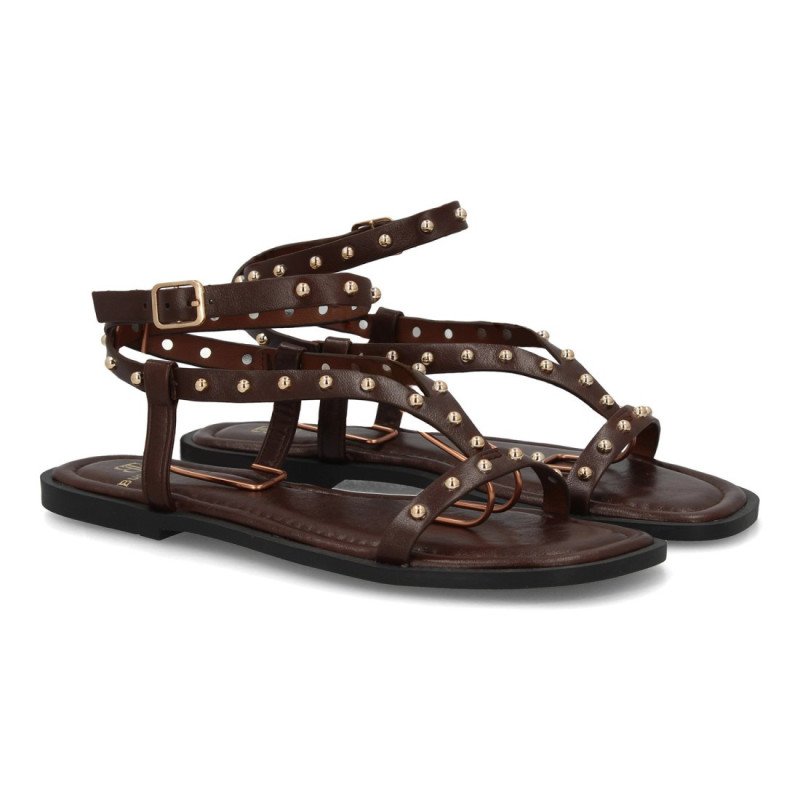 Sandalias planas comodas tiras con tachuelas de mujer color marron cafe HG-5806