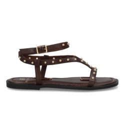 Sandalias planas comodas tiras con tachuelas de mujer color marron cafe HG-5806