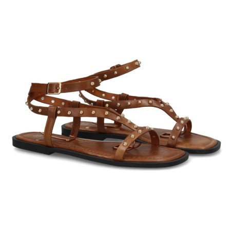 Sandalias planas comodas tiras con tachuelas de mujer color camel HG-5806