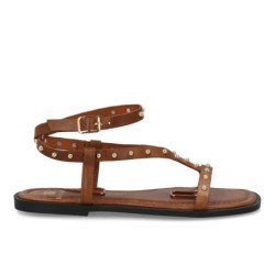 Sandalias planas comodas tiras con tachuelas de mujer color camel HG-5806