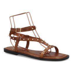 Sandalias planas comodas tiras con tachuelas de mujer color camel HG-5806