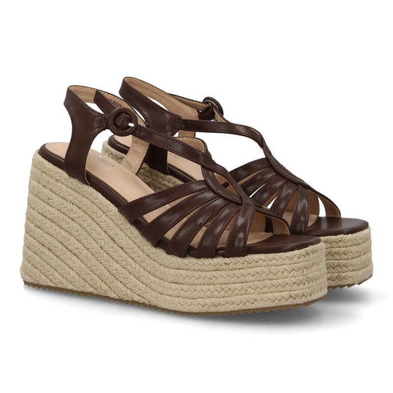 Sandalias de mujer con plataforma en yute tiras color marron HJN25-1S