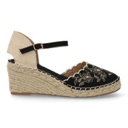 Sandalias de mujer con cuña en yute hebilla bordado floral color negro MT-137