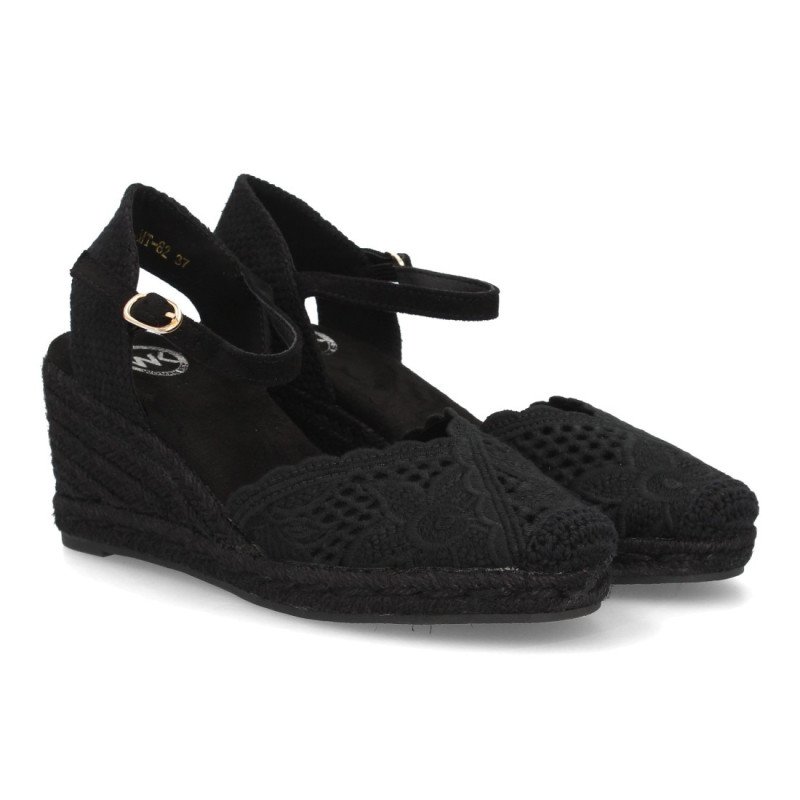 Sandalias de cuña baja en yute crochet de mujer color negro MT-82