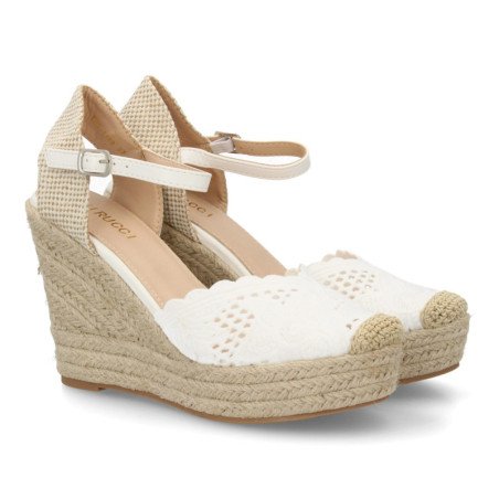 Sandalias de cuña alta en yute crochet de mujer color blanco VR5-1516