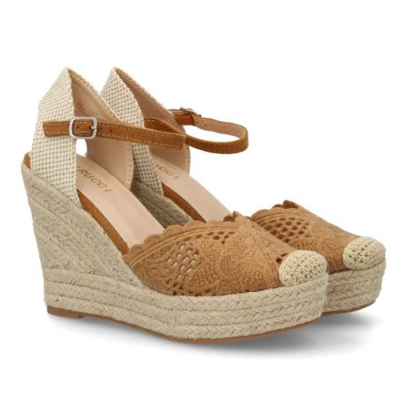 Sandalias de cuña alta en yute crochet de mujer color camel VR5-1516