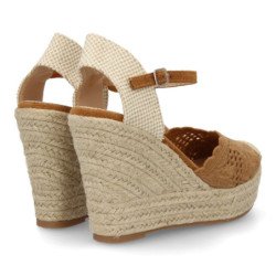 Sandalias de cuña alta en yute crochet de mujer color camel VR5-1516