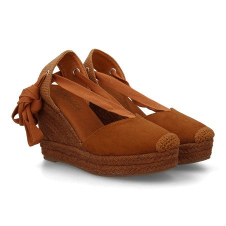 Sandalias de cuña en yute comoda lazos de mujer color camel VR6-3110