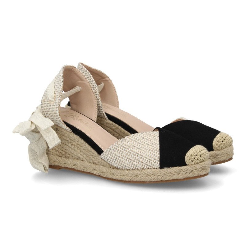 Sandalias de cuña en yute comoda lazos de mujer bicolor negro y beige VR6-3115