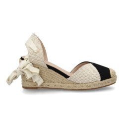 Sandalias de cuña en yute comoda lazos de mujer bicolor negro y beige VR6-3115