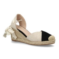 Sandalias de cuña en yute comoda lazos de mujer bicolor negro y beige VR6-3115