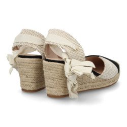 Sandalias de cuña en yute comoda lazos de mujer bicolor negro y beige VR6-3115