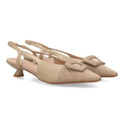 Zapatos de vestir tacon bajo destalonado de mujer bicolor beige X-5333