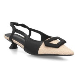 Zapatos de vestir tacon bajo destalonado de mujer bicolor beige y negro X-5333