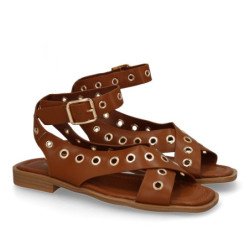Sandalias planas cómodas ojales de metal para mujer color camel 2287