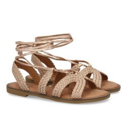 Sandalias planas comódas tiras al tobillo para mujer color champan TF2517